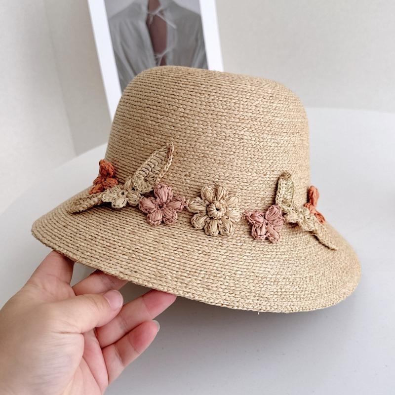 Summer Raffia Straw Sun Hat for Women Wide Brim Floral Crochet Beach Hat 100% Natural Staw Bucket Hats