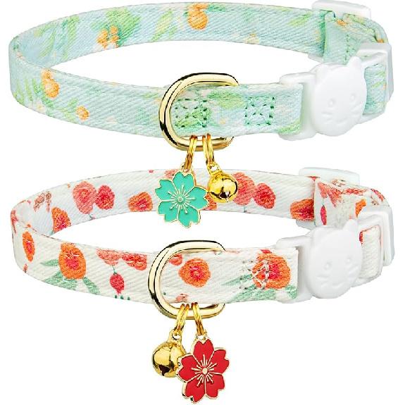 2 Pack Cotton Breakaway Cat Collar Pink Strawberries and White Heart Shaped Pendant Cute Kitten Cat Collar with Bell
