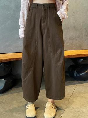 Coffee 100% Pure Cotton Korean Style Nine-Point Wide-Leg High-Waisted Balloon Pants for Women