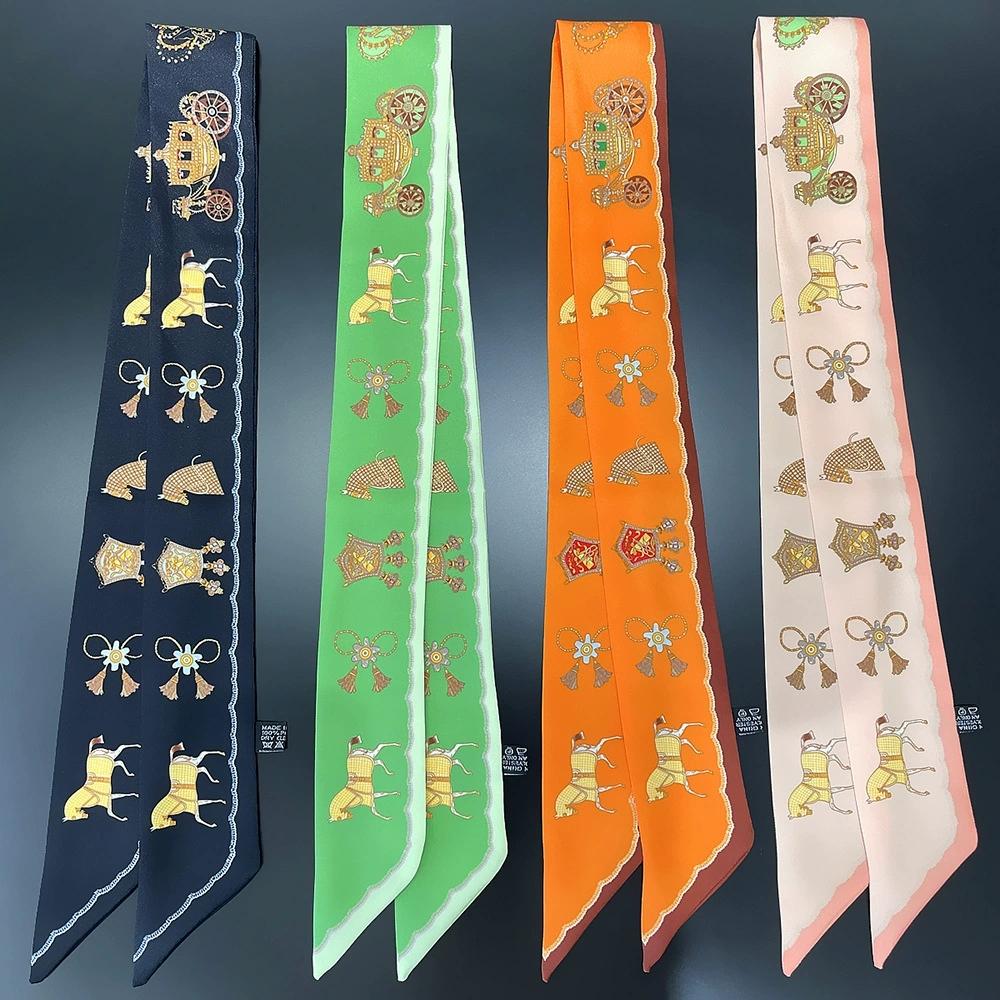 French Style Women Horse Printing Skinny Bag Scarf Luxury Twill Silk Foulard Ribbon Tie Head Scarves For Ladies
