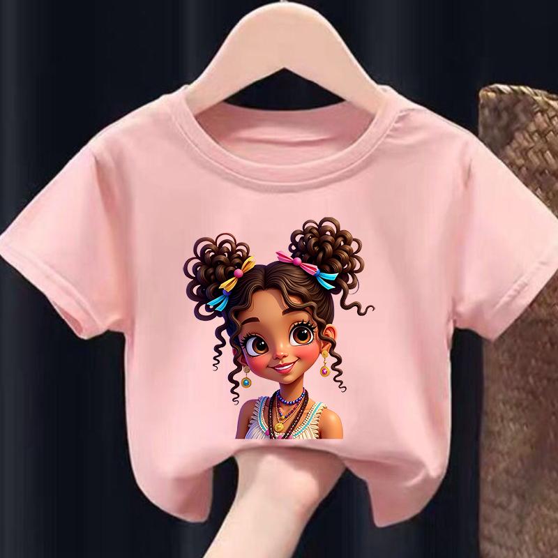 Summer Fashion Short Sleeve TShirt for Girls with Cartoon Print Double Tail Design Casual Top for Kids Polyester fabric