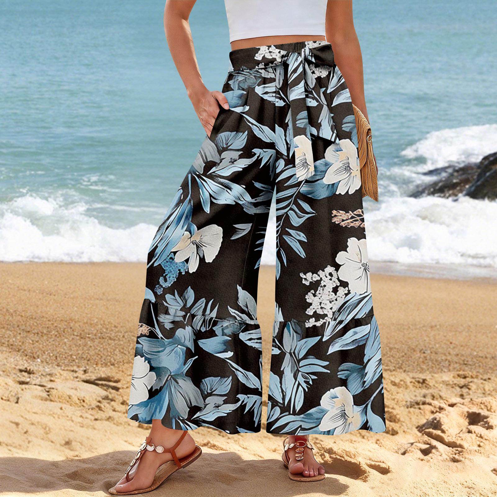 Women s Wide-Leg Casual Pants, Stretch, High Waist, Ruffled Hem, Wide Legs, Belted, And Pockets L