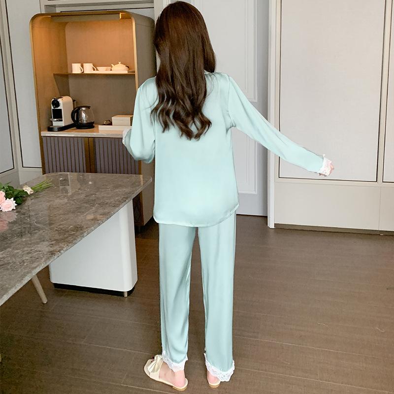 Pajamas women's spring and autumn thin ice silk long-sleeved two-piece set small fresh satin chiffon loungewear simple and casual