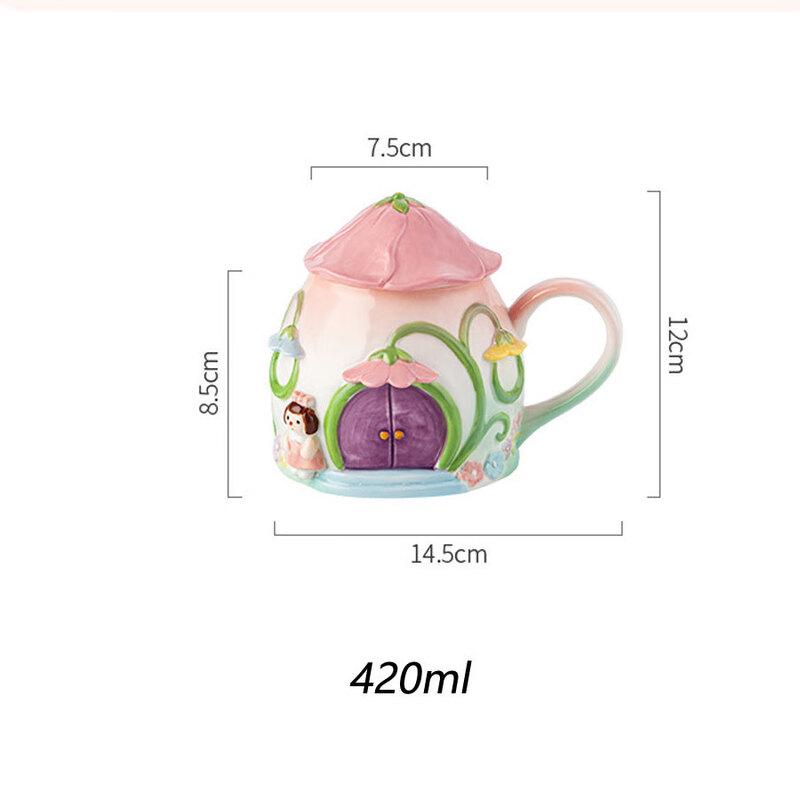 Chaosihui Hand-Painted Embossed Flower House Ceramic Mug with Lid