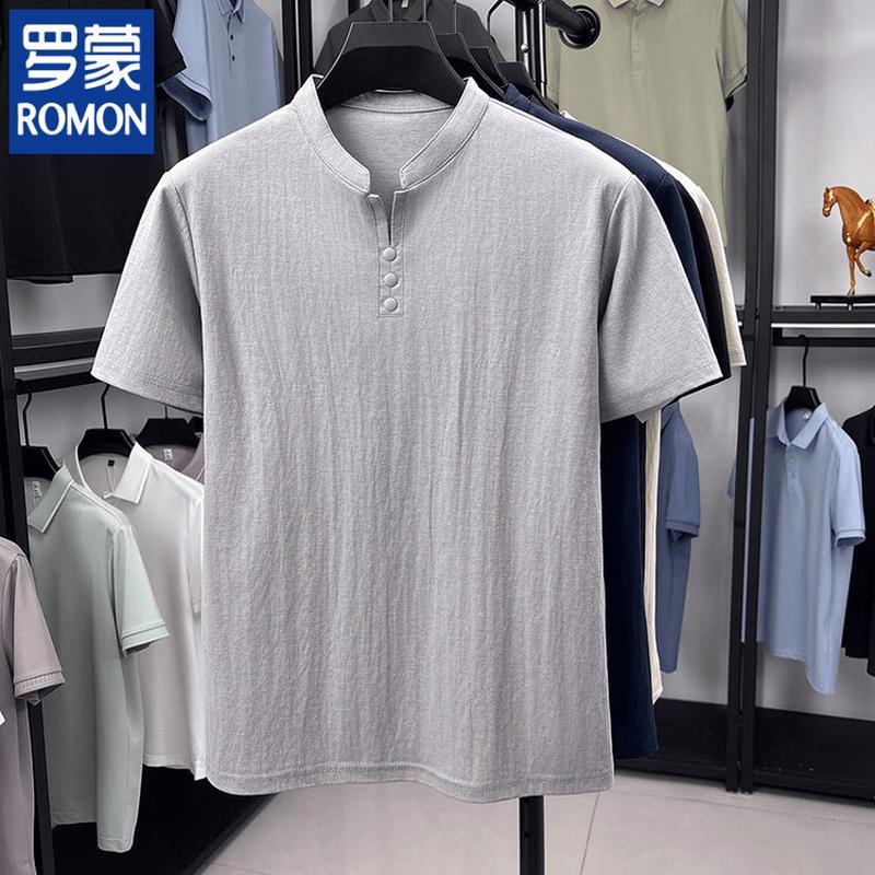 ROMON Men s Henley Collar Breathable Linen Blend Short Sleeve T-Shirt XL