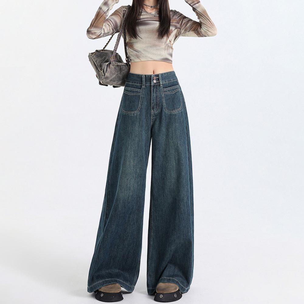 Personalized versatile wide-leg jeans women's spring and autumn new high-waisted drape design sense fashionable floor-mopping jeans
