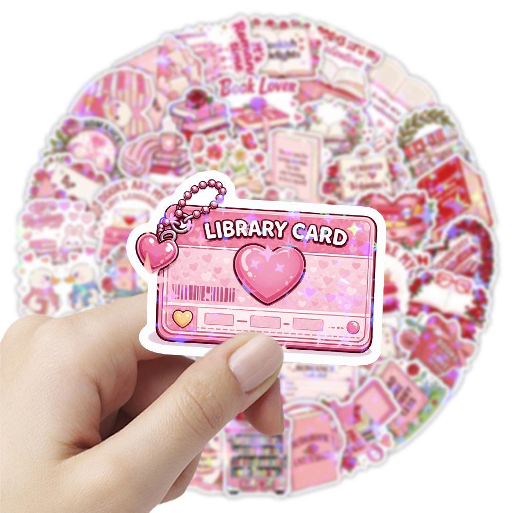 10/30/50pcs Holographic Laser Style Bookish Cartoon Stickers Cute Pink Valentine's Day Aesthetic Sticker DIY Stationery Laptop