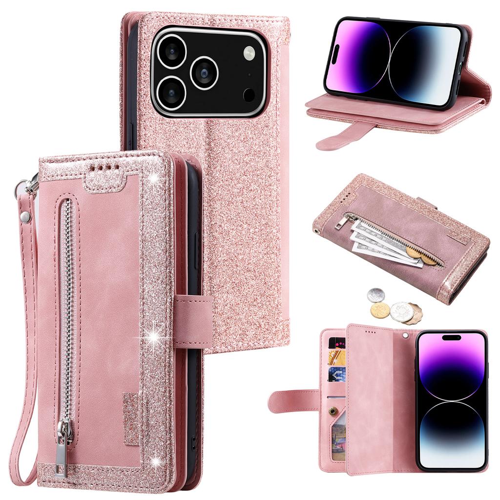For iPhone 17 Pro Case 9 Card Slots Zipper Wallet PU Leather Phone Cover with Wrist Strap