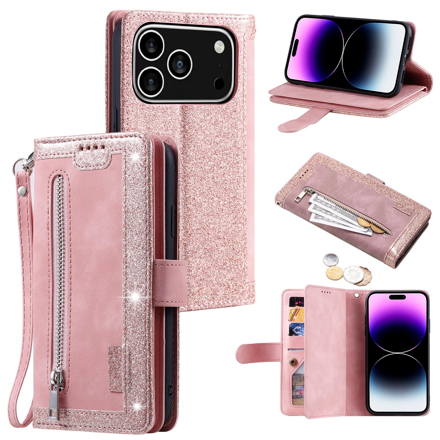 

For iPhone 17 Pro Case 9 Card Slots Zipper Wallet PU Leather Phone Cover with Wrist Strap Rose Gold