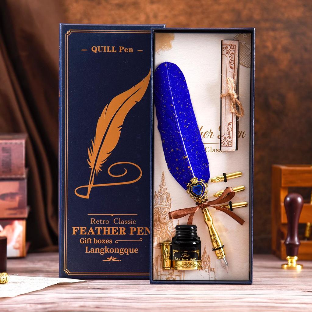 Blue Box Feather Gem Fountain Pen Gift Set: Original High-Value Calligraphy Practice Turkey Heart Dip Pen.