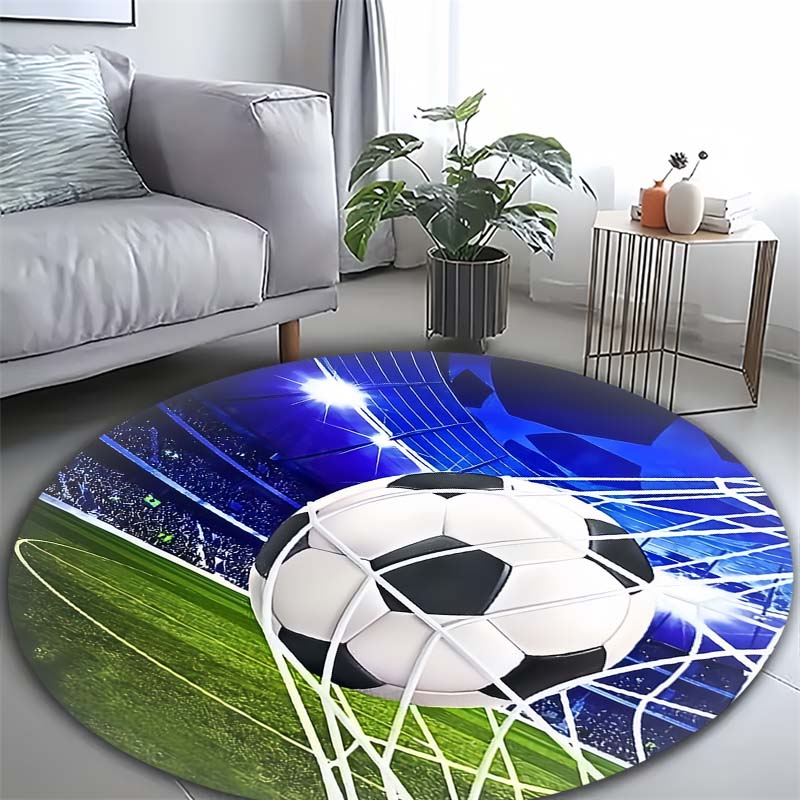 Soccer Ball Goal Stadium Print Round Area Rug Non‑Slip Circular Floor Mat Sport Theme Home Decor for Living Bedroom Gaming Room