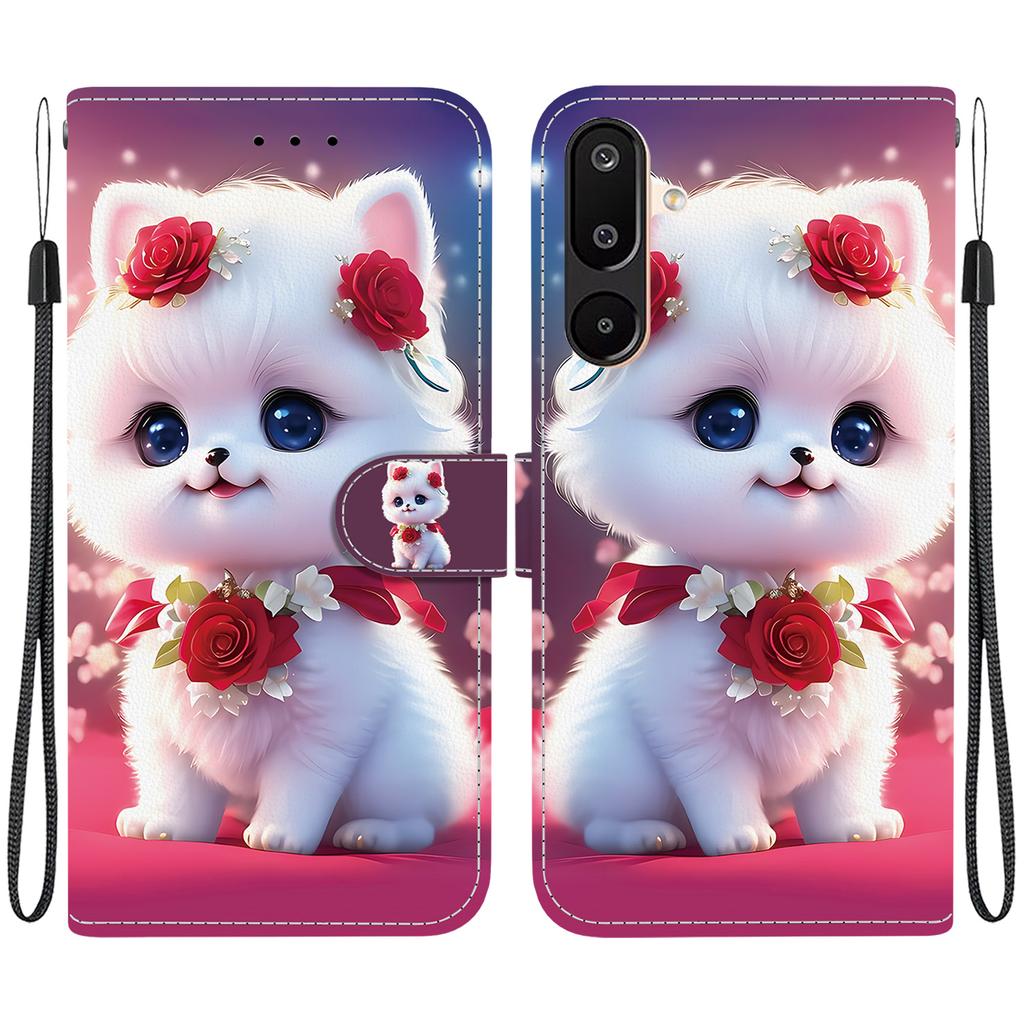 Handmade PU Leather Flip Case for Samsung Galaxy M16/F16/M36 (M166P/E166P/M366B)- Anti-Slip Shockproof Cover with Wrist Strap & Heart/Rose Cat Designs