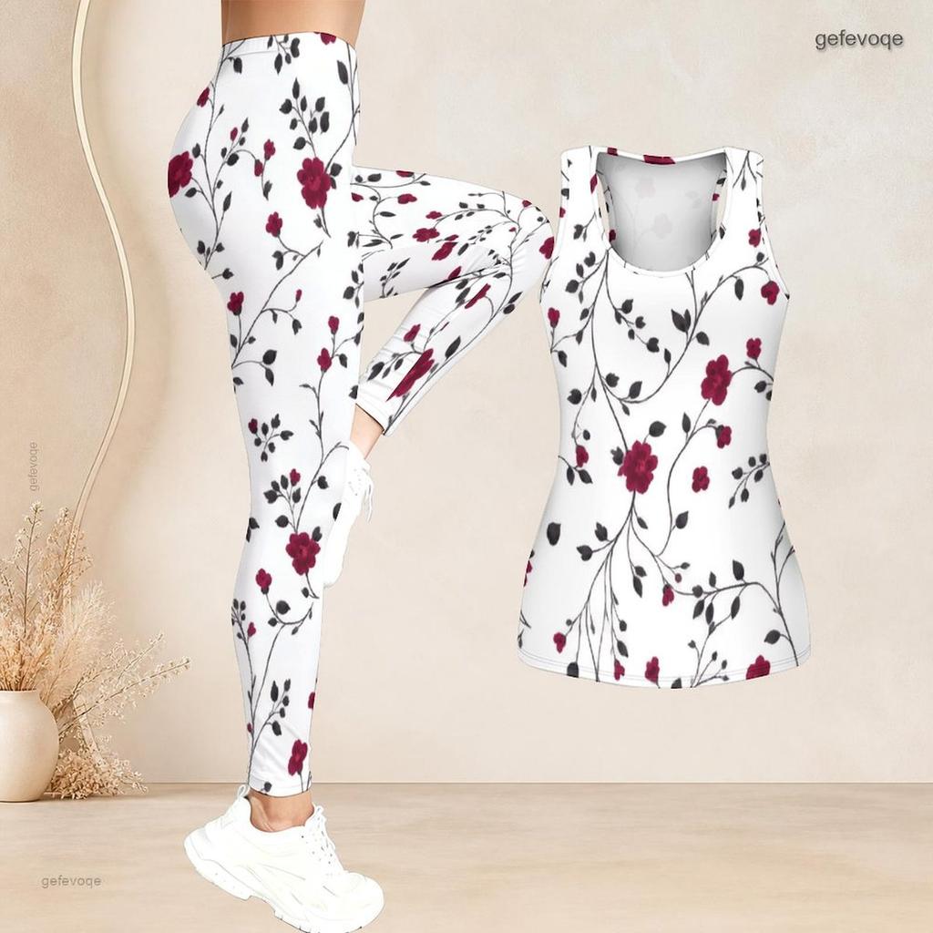 Women Plus Size Two Piece Set Scoop Neck Sleeveless Floral Printed Longline Tank Top Fitted Leggings