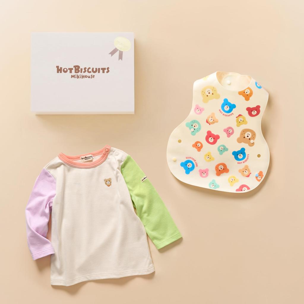 MIKI HOUSE HOT BISCUITS T-Shirt & Bib Gift Set, White, Size Unavailable, for Boys and Girls, 74-9951-144