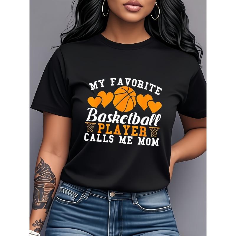 

[Basketball Mom T-Shirt] My Favorite Basketball Player Calls Me Mom Women s White T-Shirt with Orange Heart & Basketball Graphic 4XL чорний