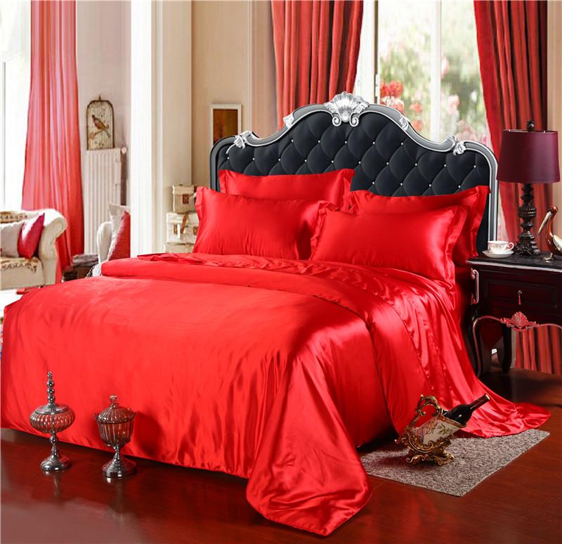 Red Wedding Four-Piece Set: Imitation Mulberry Silk Duvet Cover and Bed Sheet in Solid Color, Double Size, Faux Tencel Tribute Satin.