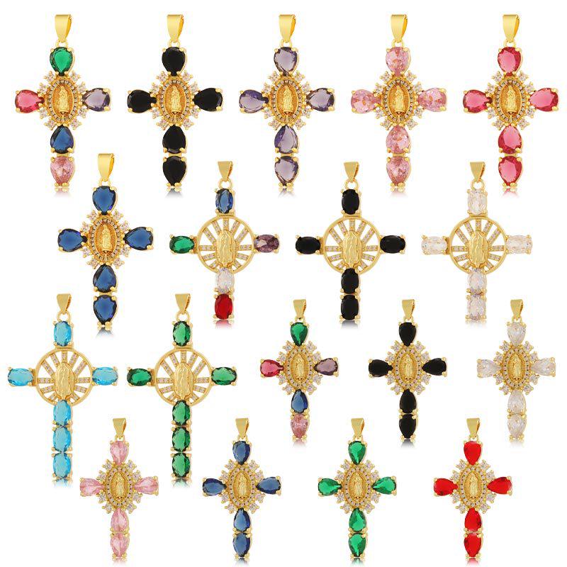 Copper Plated 18K Gold Cross Pendant Necklace with Multi-color Zircon Embellishments