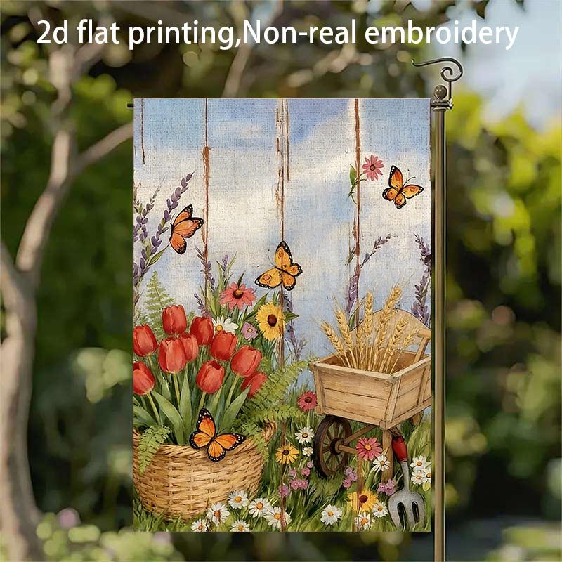 2D Flat - 2D Flat - 1pc, 2D Flat Printing, Pastoral Floral Butterfly Garden Flag, Material, Multiple Sizes Available, Machine Washable for Outdoor Use
