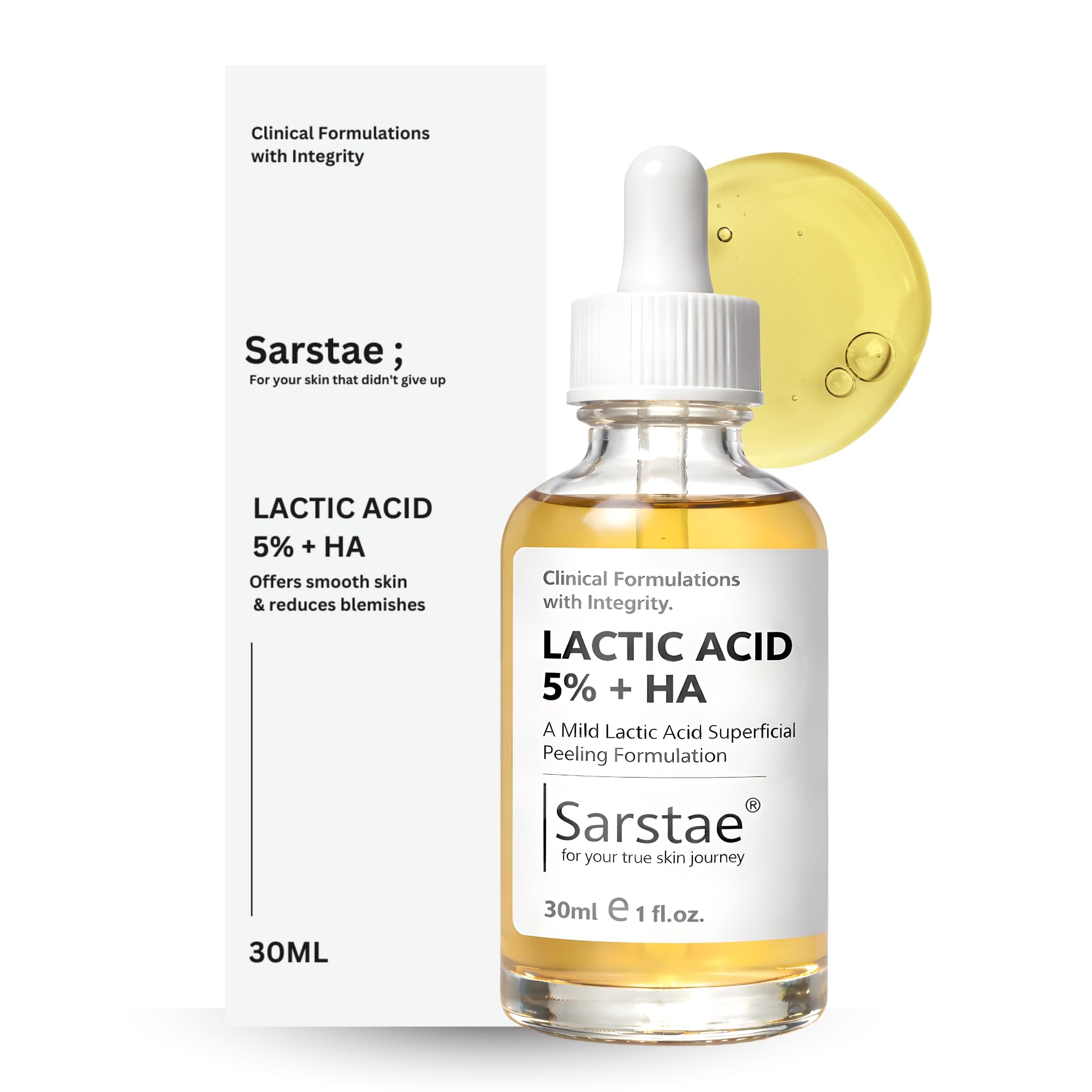 Sarstae 5% Lactic Acid + 2% Ha Daily Peeling Solution for Glowing Skin, Smooth Texture | A Mild Lactic Acid Superficial Peeling Formulation | 30ml