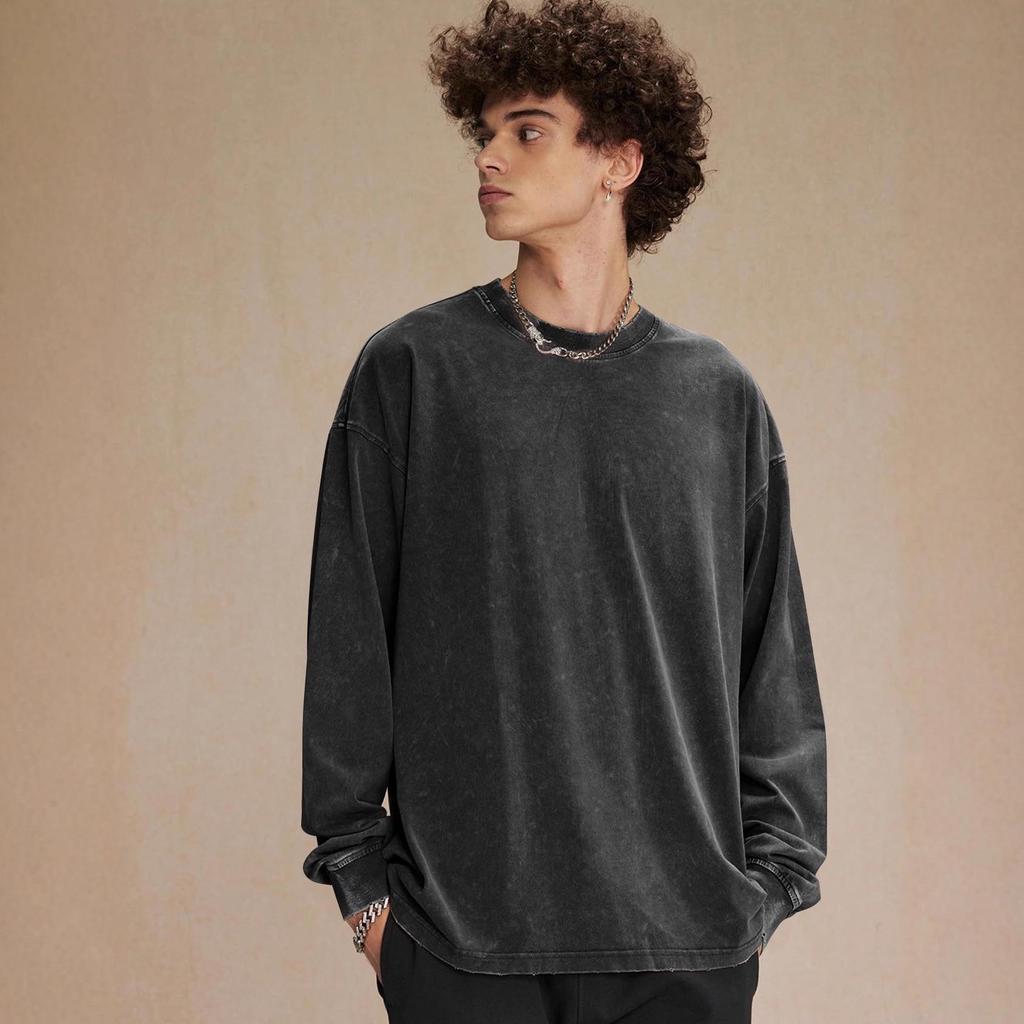 American Style Washed Long Sleeve Men's T-Shirt - Trendy, Loose, High Street Retro Cool Top