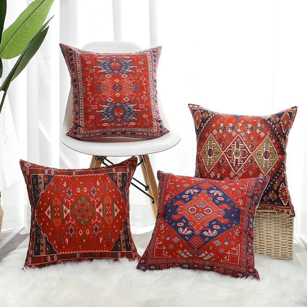 4 Pcs Double Sided Persian Kilim Cushion Covers, Red Bohemian Tribal Geometric Throw Pillow Cases (No Inserts)
