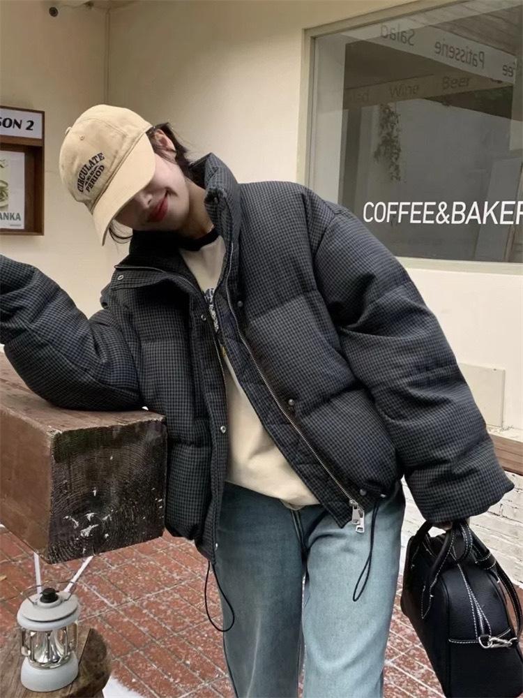 

Корейская короткая хлопковая куртка пуховик в клетку для женщин - Осень/Зима 2024, приталенное пальто со стойкой L темно-серого