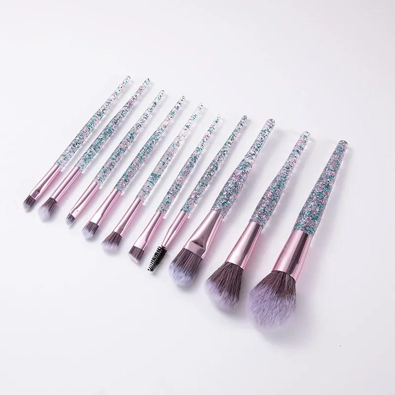 10 Pcs Makeup Brush Scallion Powder Crystal Handle with Sequins Face Eye Fiber Hair Beauty Tools