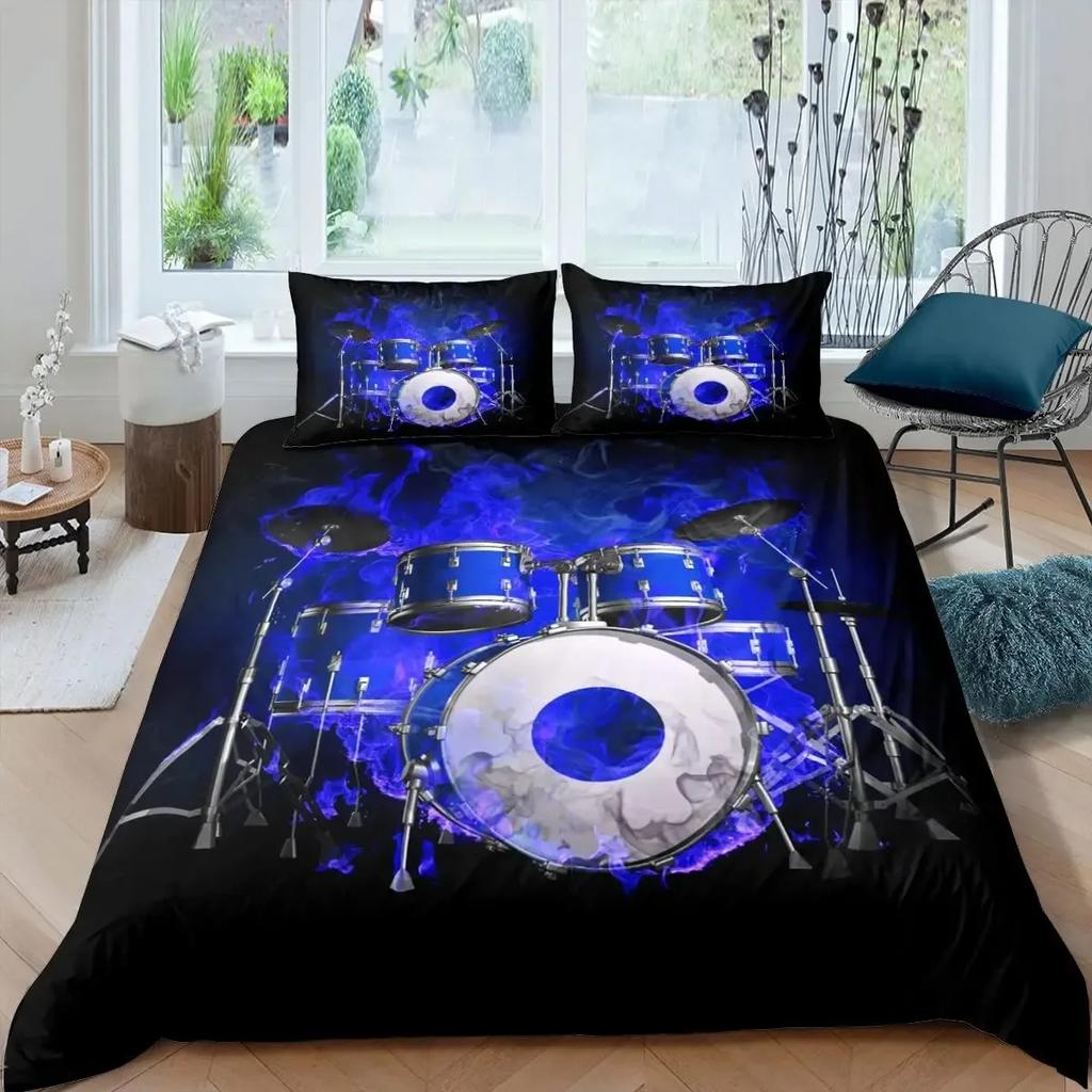 Drum Kit Duvet Cover Set,Hip Hop Bedding Set Queen Size,Rock Music Gold Flame Comforter Cover Musical Instrument Quilt Cover Set