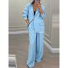 Dames Pantalonsuit Los Effen Kleur Herfst Winter Lange Mouwen Revers Wijde Pijpen Broek Tweedelig Pak