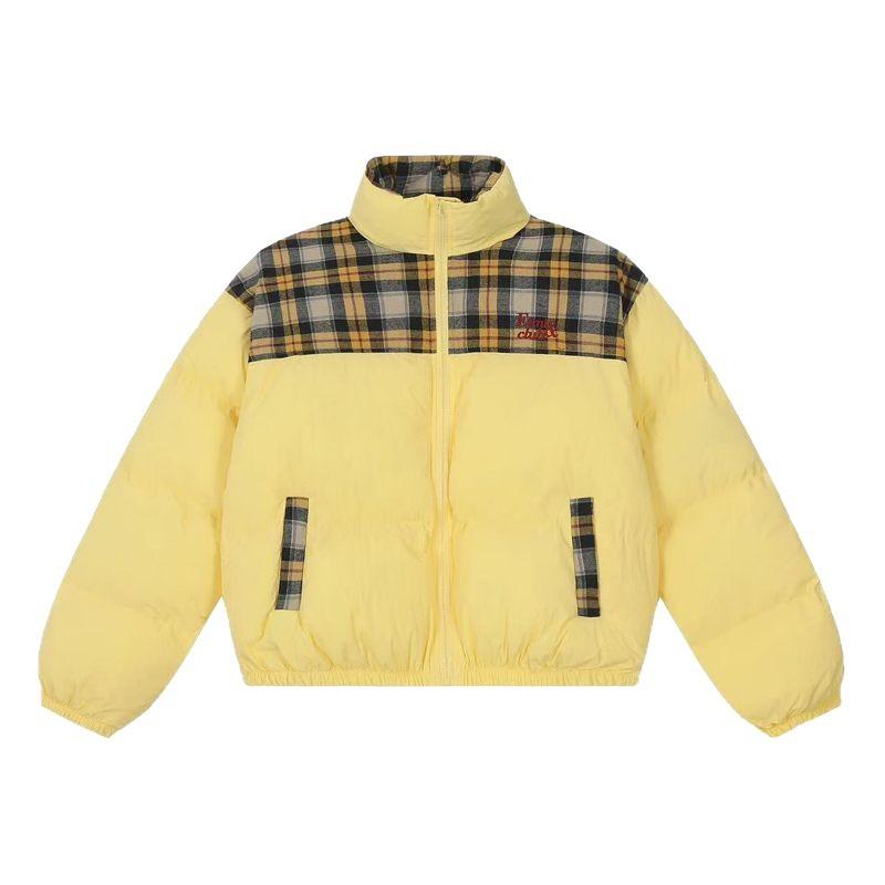 Womens Winter Puffer Jacket With Plaid Patchwork Design Thick Warm Short Coat Loose Fit Stand Collar Cotton Blend