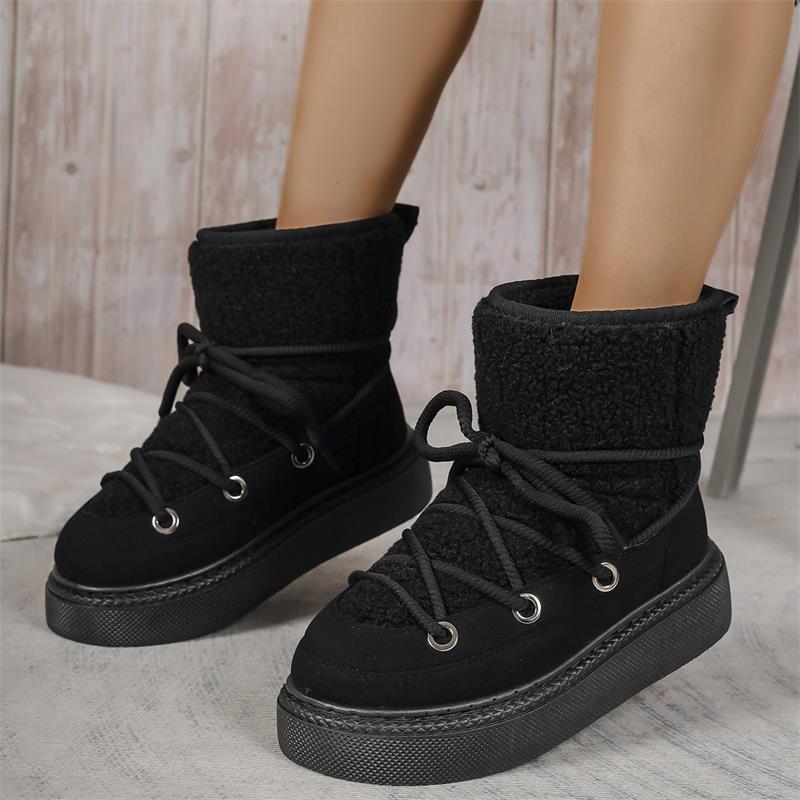 Fashion Women's Plush Thick Soled Snow Boots 2025 Winter New Style Lace Up Retro Plush Warm Casual Cotton Boots