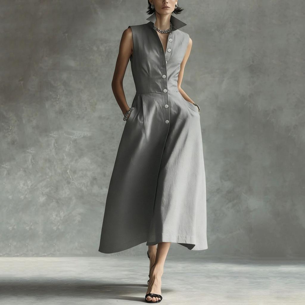 Women's Fashionable Sleeveless Linen Casual Button-Down Dress