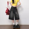 Fashion Black Gray Vintage Distressed High Waist Wide Leg Cropped Capri Denim Pants For Women Trendy Versatile Slimming FigureFlattering Casual Wear