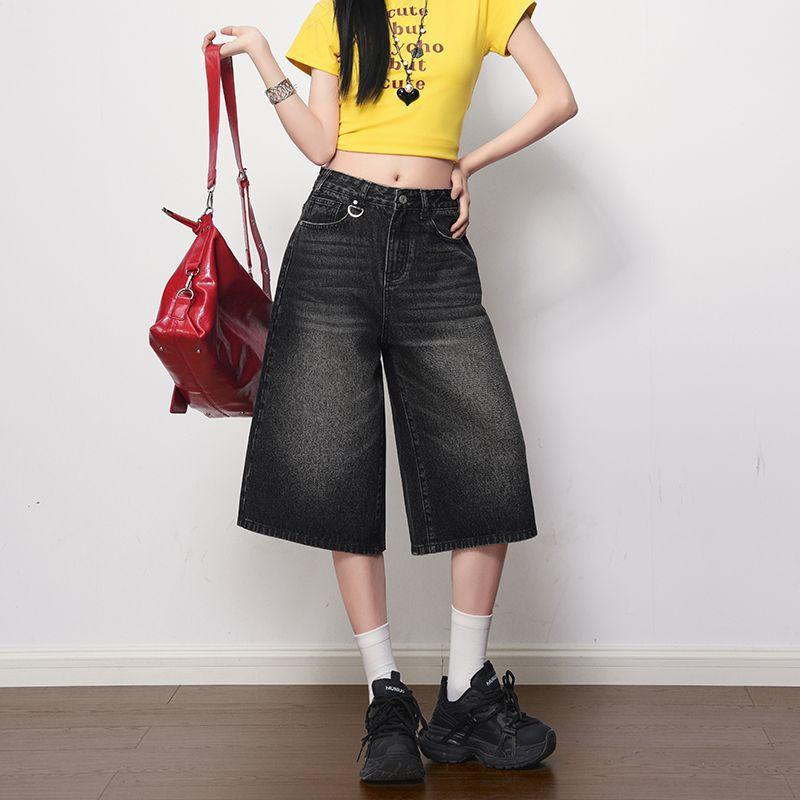 Fashion Black Gray Vintage Distressed High Waist Wide Leg Cropped Capri Denim Pants For Women Trendy Versatile Slimming FigureFlattering Casual Wear
