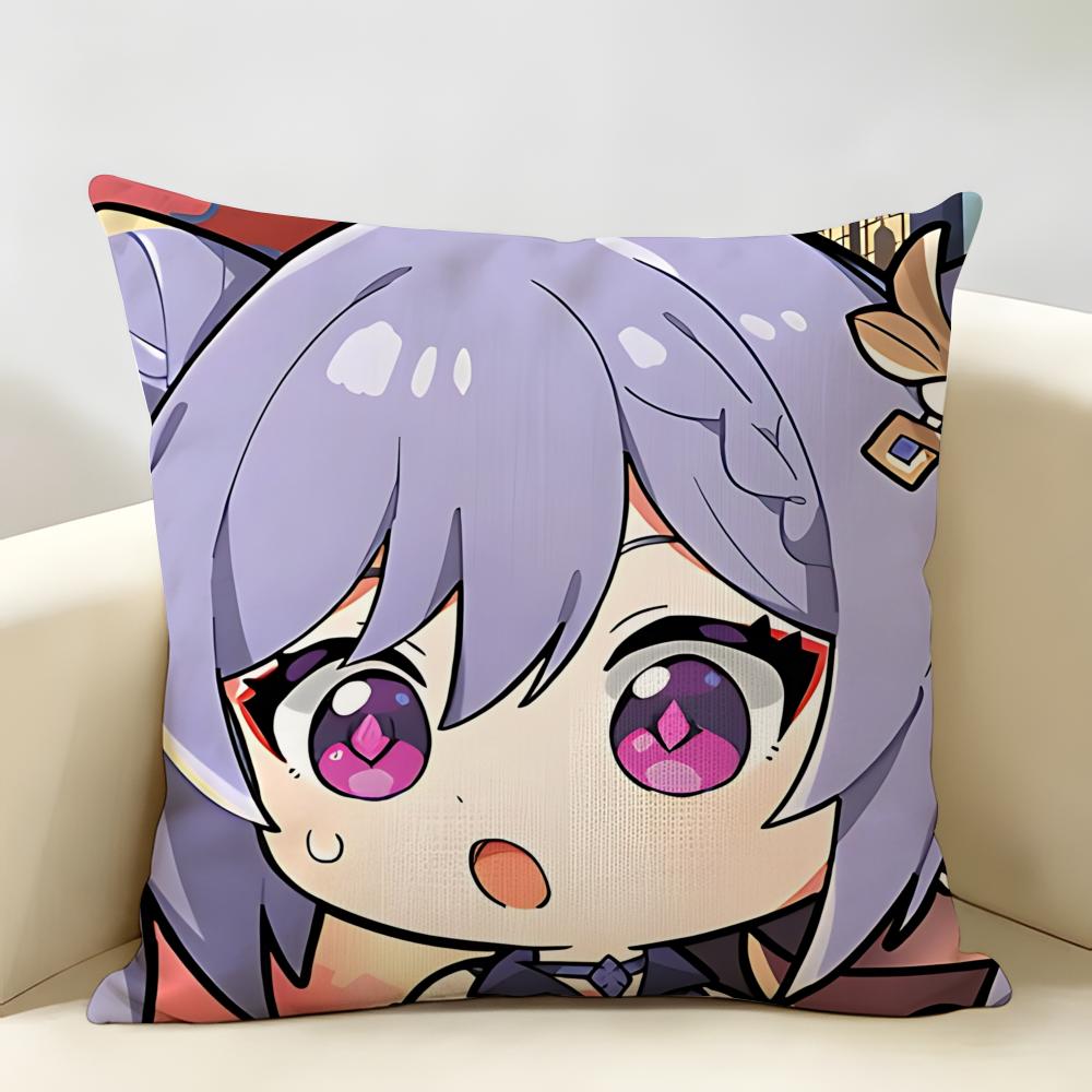 Keqing Cute Genshin Impact Cushion Cover Natural Linen Organic Fabric DoubleSided Printing Room Sofa Decor Pillow Case