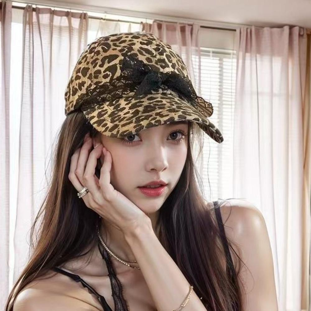 Lace Bow Visor Hat Long Brim Sun Hat Casual Leopard Print Baseball Cap  Travel