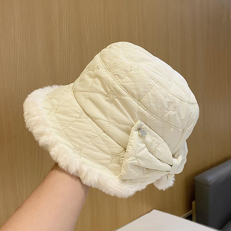 Bucket Hut Damen Herbst und Winter Wärme Schleife bestickte Fischerhut zeigt ein kleines Gesicht vielseitige Plüschmütze faltbar