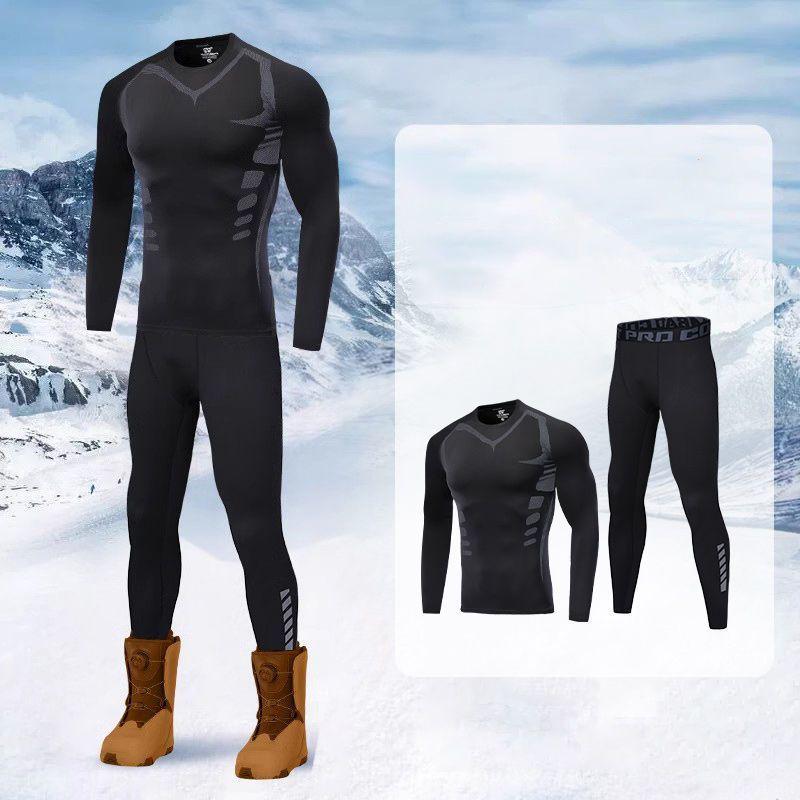 Men's Quick-Dry Compression Running Set: Fleece-Lined, Sweat-Wicking Ski Tights & Warm Shirt for Winter Sports.
