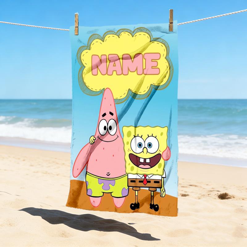 Custom Name SpongeBob Art Stylish Digital Printing Beach Towel Quick‑Drying Absorbent Blanket for Beach Pool Gym Travel