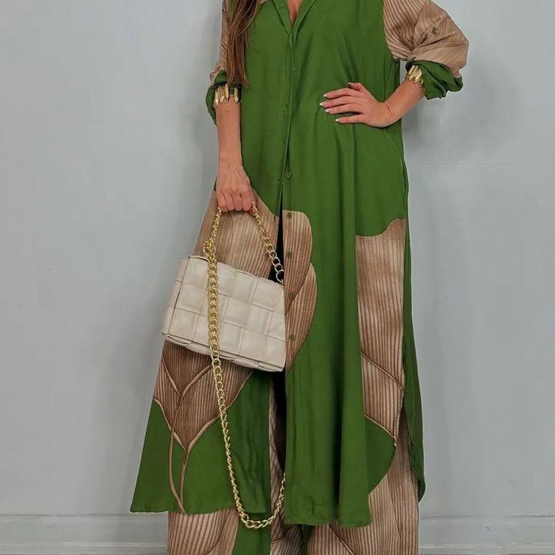 European and American Women clothes Fashion Casual Color Matching Loose Shirts Top Trousers Two-piece Set Two Piece Set