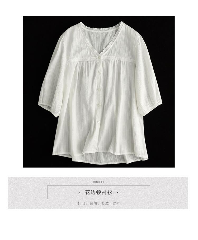 New literary lace V-neck cotton shirt women's casual white shirt temperament short-sleeved top summer