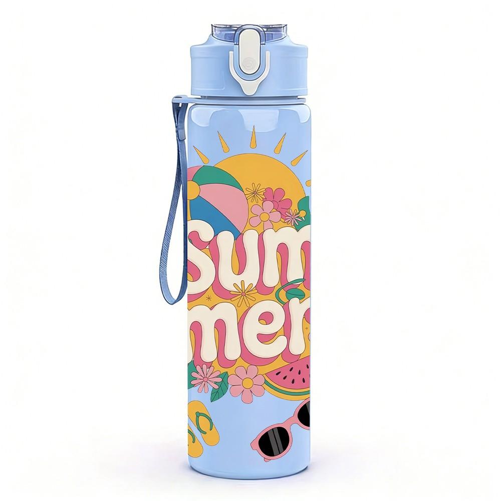 1PC Sum Mer Sun Bright Summer Lettering Art 750ml Color Plastic Sports Water Bottle Leakproof Flip Straw Lid Suitable for Sports Office Home Use