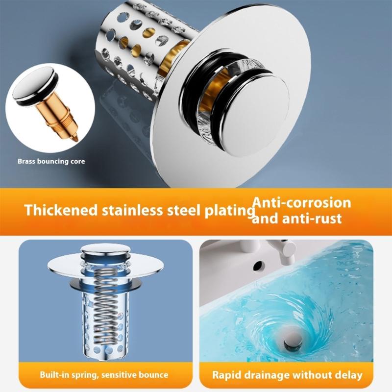 Not Odor Bathroom Sink Drain Filter Push Down Stoppers with Hair Strainer Steel Basin Waste Plugs For Easy Cleaning