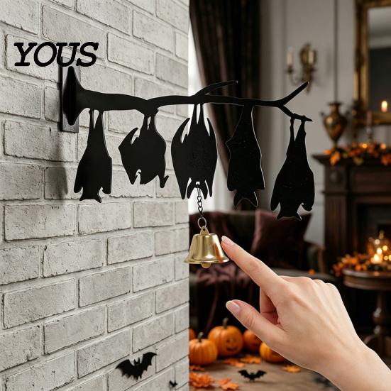 Halloween Courtyard Decoration Hanging Wall Decor, Matte Black Dead Branch Bat Silhouette Ornament Durable Acrylic Holiday Sign with Metal Bell, Easy