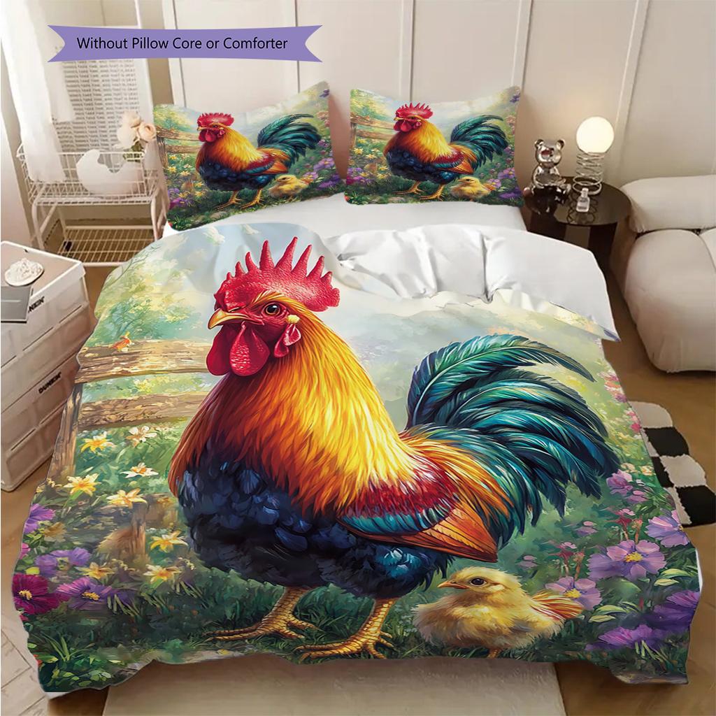 Rooster Pattern Bedding Quilt Set Quilt Cover Pillowcase Home Decoration Birthday Gift (1 * duvet cover + 2 * pillowcase, without core)