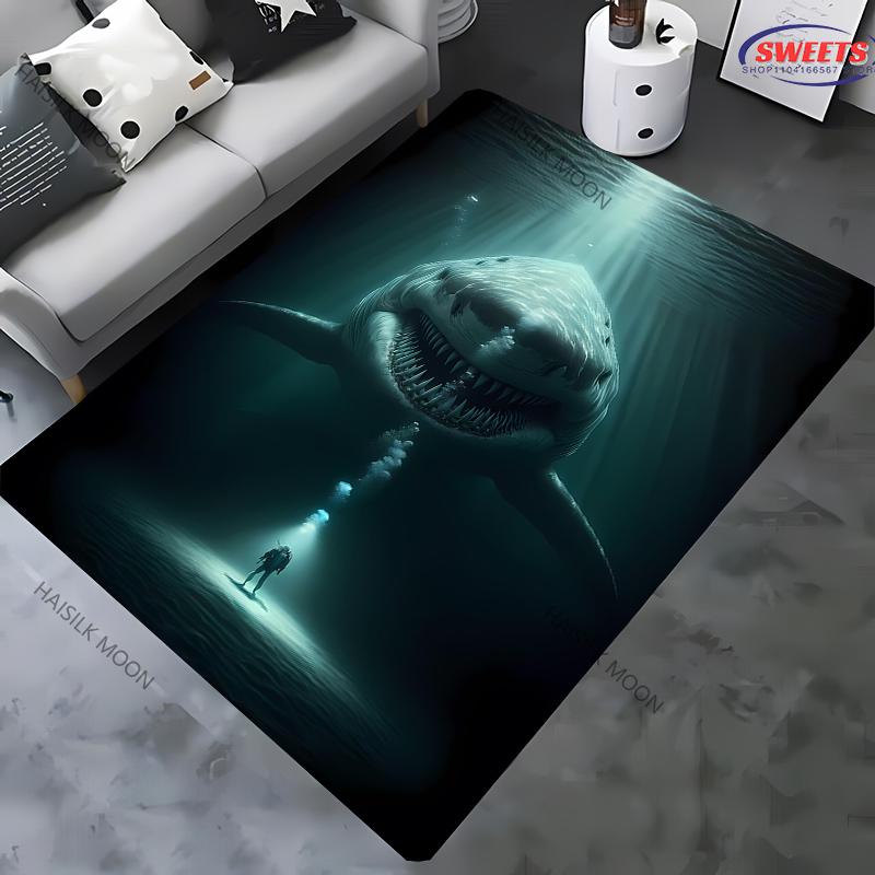 1pz Tappeto Stampato a Tema Squalo Grande per Camera da Letto Soggiorno Arredo Divano Casa, Tappetino Antiscivolo per Giochi Bambini, Spedizione il Giorno Successivo