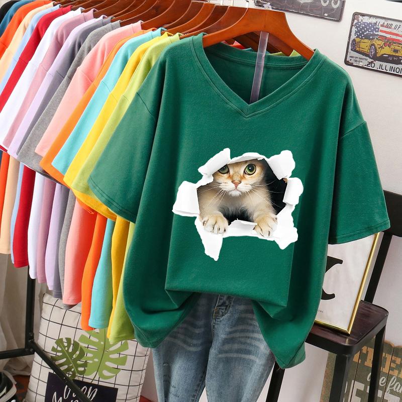 

Женская футболка с коротким рукавом, большого размера, свободного кроя, стройнящая, нишевая, топ из чистого хлопка с V-образным вырезом, закрывающий живот 4XL темно-зеленого