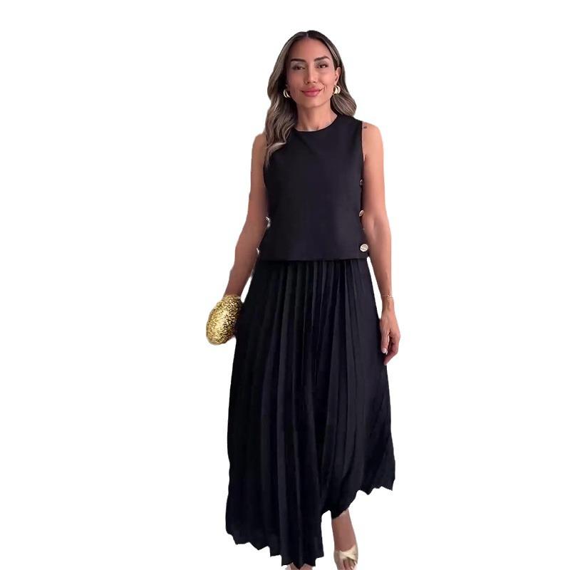 2024 Sleeveless Round Neck Top & High Waist Pleated Midi Skirt Set