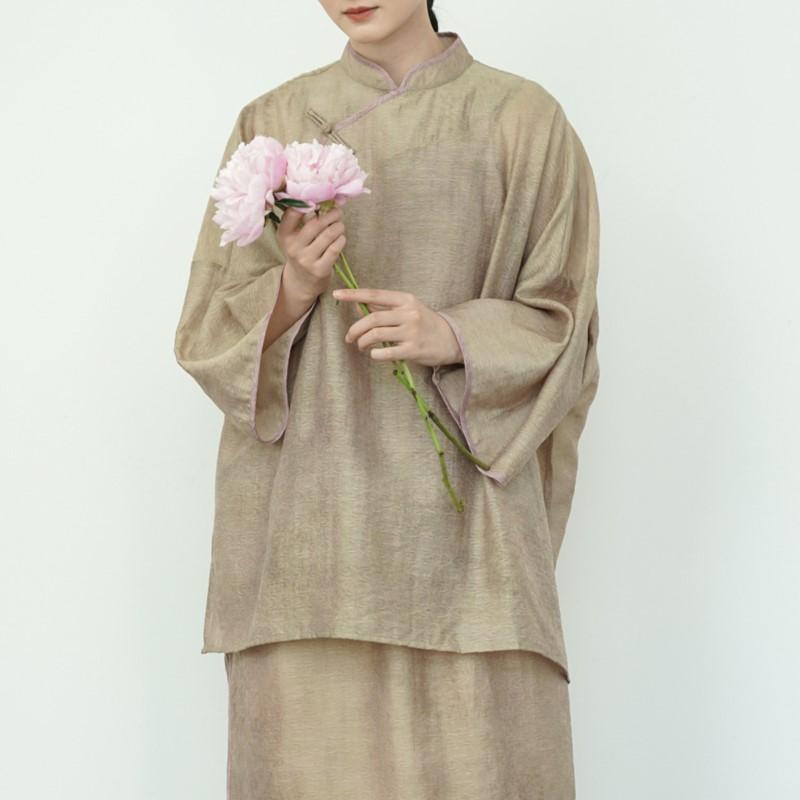 Johnature Women Chinese Style Shirts Solid Color Stand Tops Vintage Blend Summer Blouses Seven Sleeve Button Shirts