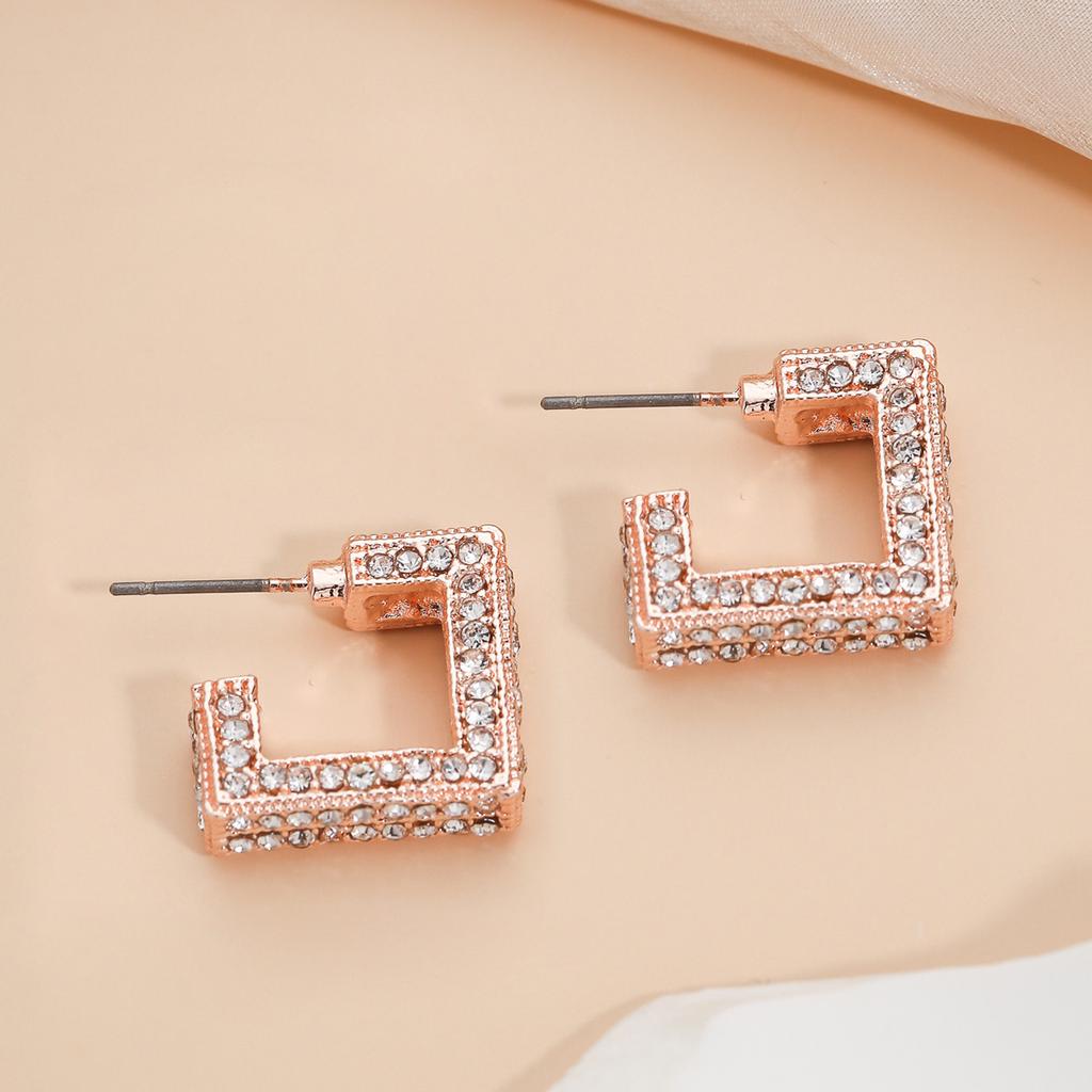 Niche Korean Version Earrings Geometric Square Design Diamond Stud Earrings Fashionable Simple Temperament Full of Diamonds High-end Earrings